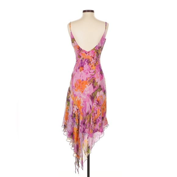 Vintage Cache Silk Fairy Asymmetrical Dress 90s y2k Slip Hi Low Floral Cowl Neck - Picture 3 of 7